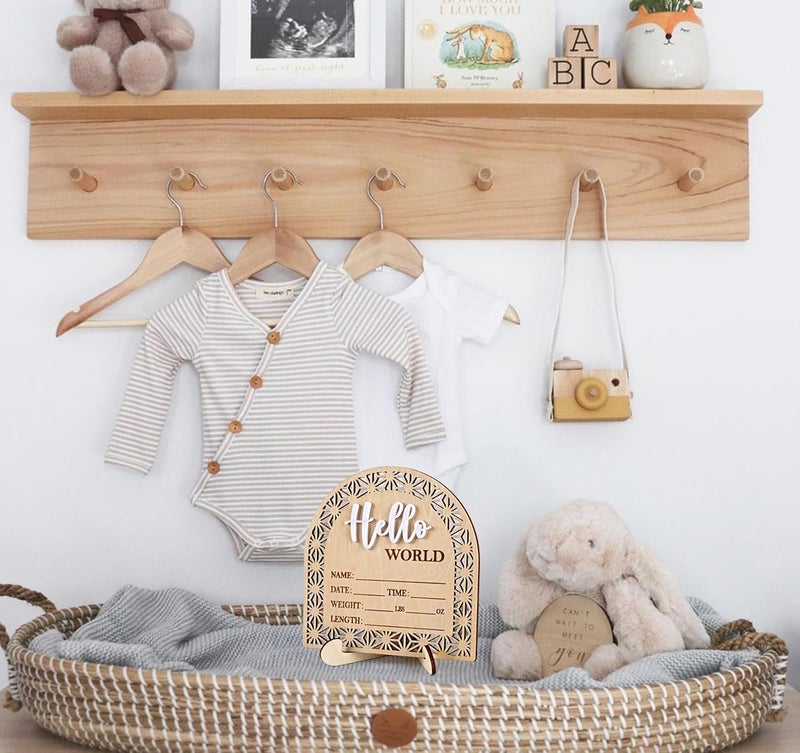 HOUISM Bleed Proof Engineered Wood, 5.5 Inch Wooden Birth Announcement Sign with Easel Stand, 3D Arcylic Hello Sign, Newborn Announcement Plaque for Girl Boy Photo Prop Baby Shower Nursery Hospital - Birch - Image 5